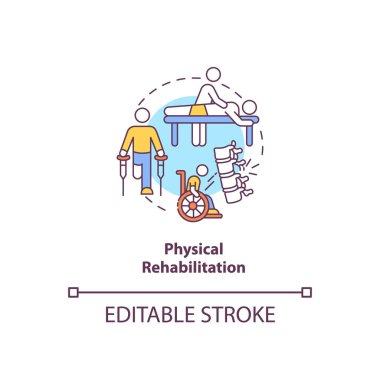 Fiziksel rehabilitasyon konsepti ikonu. Fizyoloji terapisti. Travma tedavisi. Klinik tedavi. Kineziyoloji fikri ince çizgi çizimi. Vektör izole edilmiş RGB renk çizimi. Düzenlenebilir vuruş