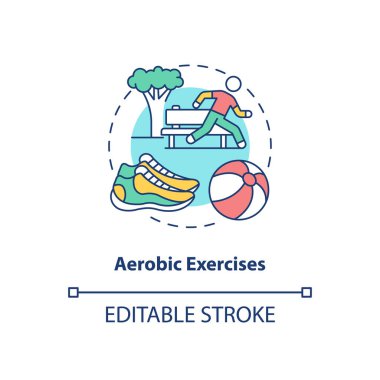 Aerobik egzersiz konsepti ikonu. Spor antrenmanı. Fitness eğitimi. Dışarıda koşuyor. Kineziyoloji fikri ince çizgi çizimi. Vektör izole edilmiş RGB renk çizimi. Düzenlenebilir vuruş