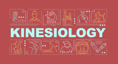 Kineziyoloji kelimesi sancak kavramını içerir. Kas kontrolü. Nörolojik durumlar. Kırmızı arkaplanda doğrusal simgeleri olan bilgi grafikleri. İzole tipografi. Vektör çizgisi RGB renk çizimi