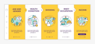 Sigorta maliyet faktörleri vektör şablonunda. Yaş ve cinsiyet tipleri. Sağlık durumu. Simgeli ilgili mobil web sitesi. Web sayfası basamak ekranları. RGB renk kavramı