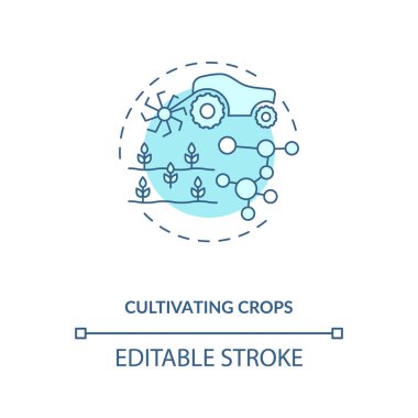 Ekin ekme konsepti ikonu. Tarım makinelerinin görevleri. Onunla ilgilenir ve onunla ekinler yetiştirirdim. Çiftçilik faaliyetleri ince çizgili çizgiler çiziyor. Vektör izole edilmiş RGB renk çizimi. Düzenlenebilir vuruş