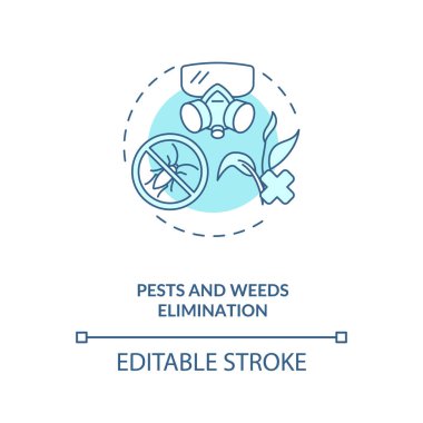 Böcekler ve yabani otlar yok etme konsepti ikonu. Tarım makinelerinin görevleri. Böceklerden ve bitkilerden koruma. Çiftlik fikri ince çizgi çizimi. Vektör izole edilmiş RGB renk çizimi. Düzenlenebilir vuruş