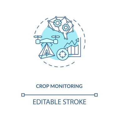 Ekin izleme konsepti simgesi. Yenilikçi tarım teknolojisi. Ekin sağlığı durumunu analiz etmek ve ince çizgi çizimleri üzerinde tempoyu arttırmak. Vektör izole edilmiş RGB renk çizimi. Düzenlenebilir vuruş