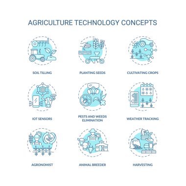 Tarım teknolojisi konsept simgeleri ayarlandı. Toprak sürme. Tarlalara bitki ekiyorum. Ekin ekme fikri ince çizgi RGB renk çizimleri. Vektör izole çizimler. Düzenlenebilir vuruş