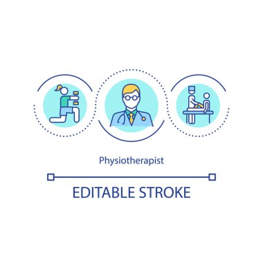 Fizyoterapist konsept ikonu. Sağlık hizmetleri uzmanı fikri ince çizgi çizimi. Manüel terapi. Rehabilitasyon. Spor tıbbı. Vektör izole edilmiş RGB renk çizimi. Düzenlenebilir vuruş