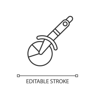 Pizza kesicisi doğrusal simgesi. Kesmek için tekerlek bıçağı. Mutfak takımı ve çatal bıçak takımı. Dilimlemek için bir araç. İnce çizgi özelleştirilebilir illüstrasyon. Contour sembolü. Vektör izole çizim. Düzenlenebilir vuruş