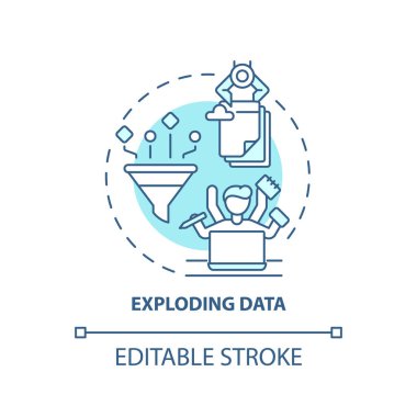 Patlayan veri konsepti simgesi. Ticari zorluklar ince çizgi çizimi fikrini güçleştiriyor. Artan veri miktarları. Kontrolden çıkmış bilişim teknolojisi büyüme harcıyor. Vektör izole edilmiş RGB renk çizimi. Düzenlenebilir vuruş