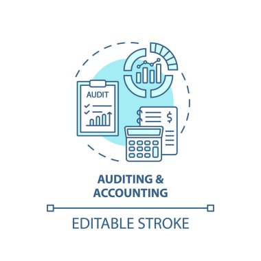 Denetim ve muhasebe konsepti ikonu. En iyi iş danışmanlık hizmeti fikri ince çizgi çizimi. Denetim raporu. Gelir beyanı. Vektör izole edilmiş RGB renk çizimi. Düzenlenebilir vuruş