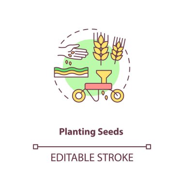 Tohum ekme kavramı simgesi. Tarım makinelerinin görevleri. Ekinler için toprağı hazırlayın. Çiftlik faaliyeti fikri ince çizgi çizimi. Vektör izole edilmiş RGB renk çizimi. Düzenlenebilir vuruş