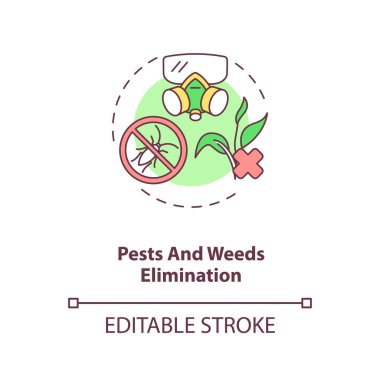 Böcekler ve yabani otlar yok etme konsepti ikonu. Tarım makinelerinin görevleri. Ekinler zarardan korur. Çiftçilik fikri ince çizgi çizimi. Vektör izole edilmiş RGB renk çizimi. Düzenlenebilir vuruş