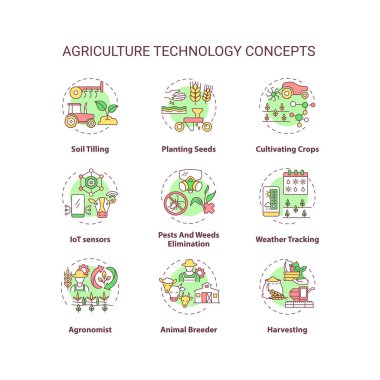 Tarım teknolojisi konsept simgeleri ayarlandı. Toprak sürme. Bitki tohumları ekiyorum. Ekin ekme fikri ince çizgi RGB renk çizimleri. Vektör izole çizimler. Düzenlenebilir vuruş