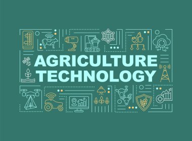 Agriculture machinery word concepts banner. Modern farming techniques. Infographics with linear icons on dark green background. Isolated typography. Vector outline RGB color illustration clipart