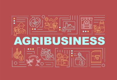 Agriculture business word concepts banner. Commercial farming. Infographics with linear icons on red background. Isolated typography. Vector outline RGB color illustration clipart