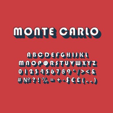Monte Carlo vintage 3d vector alphabet set. Retro bold font, typeface. Pop art stylized lettering. Old school style letters, numbers, symbols pack. 90s, 80s creative typeset design template clipart