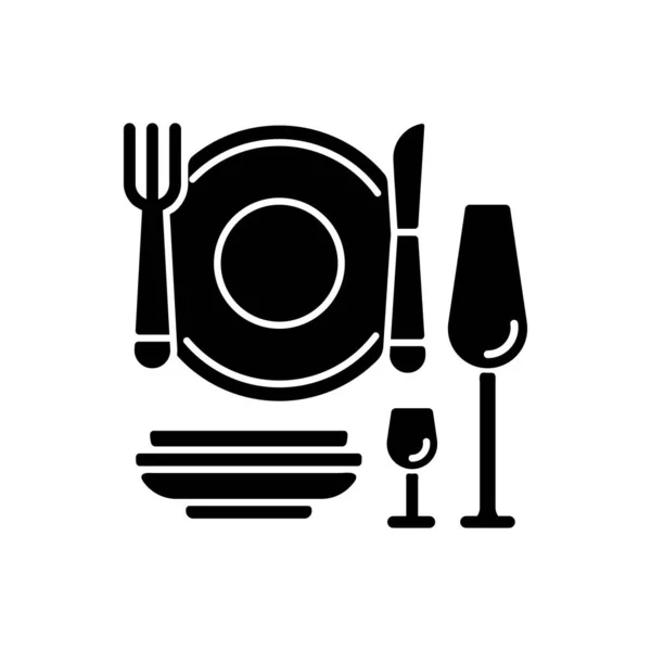 Ehető Edények Fekete Glifikus Ikon Felszolgáló Felszerelés Asztalbeállítás Vacsora Evőeszközök — Stock Vector
