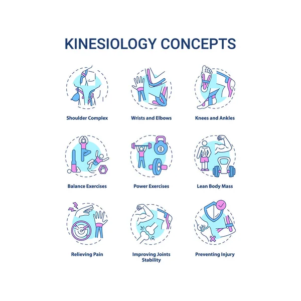 Kinesiology Concept Icons Set Aerobics Exercise Sports Workout Human Body — Stock Vector