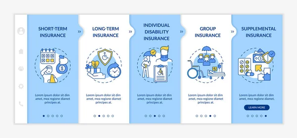 障害保険タイプオンボーディングベクトルテンプレート 長く短い保険タイプ 健康医療 アイコン付きのレスポンシブモバイルウェブサイト ウェブページはステップスクリーンを歩く Rgbカラーコンセプト — ストックベクタ