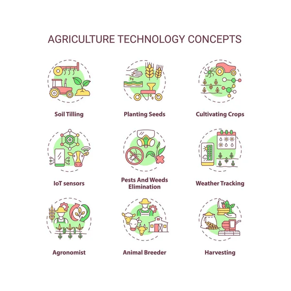 Tarım teknolojisi konsept simgeleri ayarlandı. Toprak sürme. Bitki tohumları ekiyorum. Ekin ekme fikri ince çizgi RGB renk çizimleri. Vektör izole çizimler. Düzenlenebilir vuruş