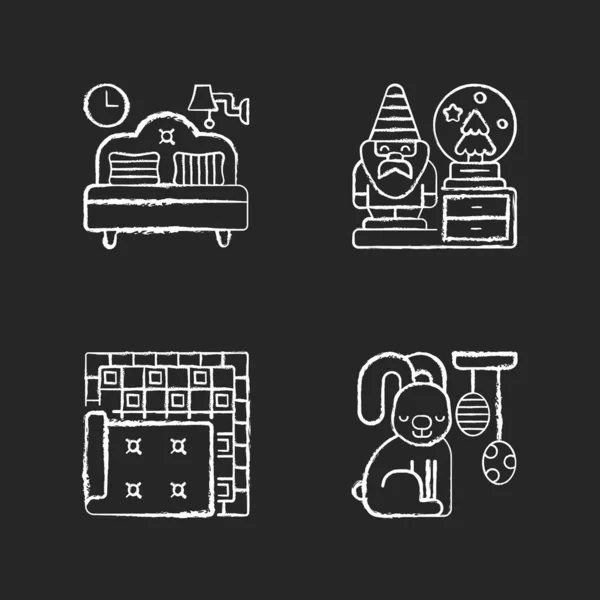 Home Accessoires Krijt Witte Iconen Ingesteld Zwarte Achtergrond Slaapkamermeubels Decoratieve — Stockvector