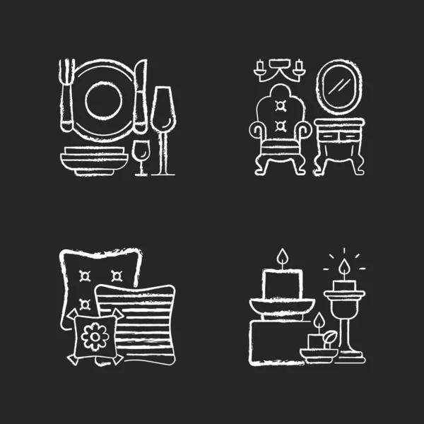 Home Living Furniture Chalk White Icons Set Black Background Eating — Stock Vector