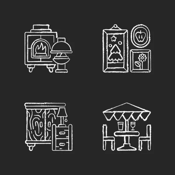 Домашние Украшения Мебель Мел Белые Иконки Установленные Черном Фоне Камины — стоковый вектор