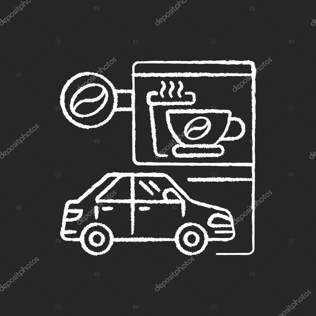 Drive through coffee shop chalk white icon on black background. Transport lane for store customer. Coffeeshop takeout order. Espresso bar with takeaway. Isolated vector chalkboard illustration
