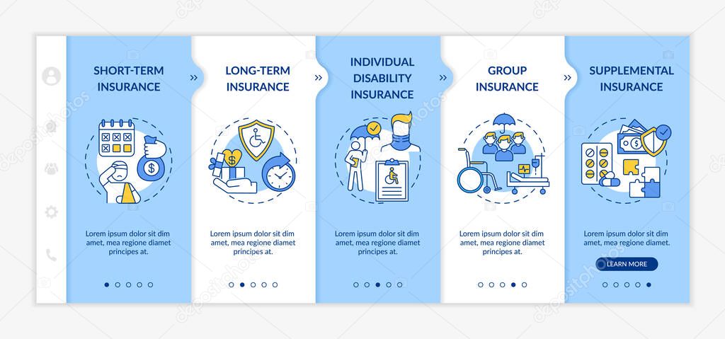 Disability insurance types onboarding vector template. Long and short insurance types. Health medical care. Responsive mobile website with icons. Webpage walkthrough step screens. RGB color concept