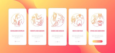 Kas kompleksi kırmızı, mobil uygulama sayfası ekranında kavramlarla birlikte. Vücut sağlığı. Kineziyoloji bandı 5 aşamalı grafik talimatları inceliyor. RGB renk resimleriyle UI vektör şablonu