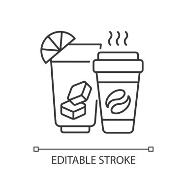 İçecekler ve içecekler doğrusal simge. Soda, meyve suyu, depo ve mağazalardan bira sipariş etmek. İnce çizgi özelleştirilebilir illüstrasyon. Contour sembolü. Vektör izole çizim. Düzenlenebilir vuruş