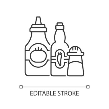 Koşullar ve soslar doğrusal simge. Tabasco sosu. Kırmızı biber. Meksika tarifleri. İnce çizgi özelleştirilebilir illüstrasyon. Contour sembolü. Vektör izole çizim. Düzenlenebilir vuruş