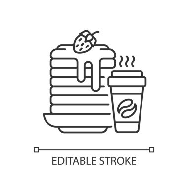 Kahvaltı öğünleri doğrusal simgesi. Hazır yemek. Krep ve kahve. Dengeli sabah yemekleri. İnce çizgi özelleştirilebilir illüstrasyon. Contour sembolü. Vektör izole çizim. Düzenlenebilir vuruş