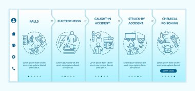 İş yaralanmalarıyla ilgili bilgiler vektör şablonunda. Çalışırken kimyasal zehirlenme. Simgeli ilgili mobil web sitesi. Web sayfası basamak ekranları. RGB renk kavramı
