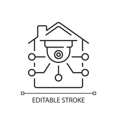 Güvenlik kamerası doğrusal simgesi. Eviniz için akıllı gözetleme cihazları. Fütürist video sistemi. İnce çizgi özelleştirilebilir illüstrasyon. Contour sembolü. Vektör izole çizim. Düzenlenebilir vuruş