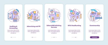 Mobil uygulama sayfasında konseptlerle birlikte en iyi iş danışmanlığı hizmetleri. Denetleme, reklam ve halkla ilişkiler 5 aşamalı grafik talimatlar. RGB renk resimleriyle UI vektör şablonu