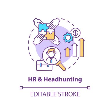 İnsan kaynakları ve kafa avcılığı konsepti ikonu. En iyi iş danışmanlık hizmeti fikri ince çizgi çizimi. İnsan kaynakları. İşverenler için yetenek bulmak. Vektör izole edilmiş RGB renk çizimi. Düzenlenebilir vuruş