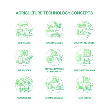 Tarım teknolojisi konsept simgeleri ayarlandı. Toprak sürme teknolojisi. Tarlalara bitki tohumları ekiyorum. Ekin ekme fikri ince çizgi RGB renk çizimleri. Vektör izole çizimleri