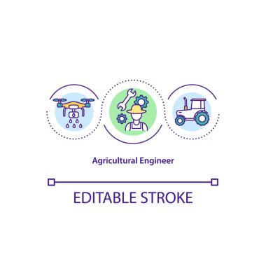 Tarım mühendisi konsepti ikonu. Tasarım makineleri ve ekipmanlar. İnşaat ve geliştirme mekanizması fikri ince çizgi çizimi. Vektör izole edilmiş RGB renk çizimi. Düzenlenebilir vuruş.