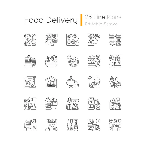 Lineaire Pictogrammen Voor Voedsellevering Ingesteld Koeriersdienst Online Bestellen Beperken Van — Stockvector