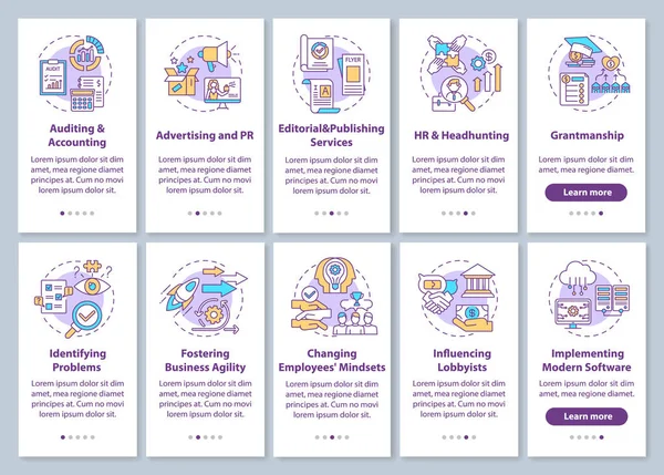 ビジネスコンサルティングサービスのオンボーディングモバイルアプリページ画面のコンセプトを設定します デジタルコンサルティングのタスクは 5つの手順のグラフィック命令を実行します Rgbカラーイラスト付きUiベクトルテンプレート — ストックベクタ