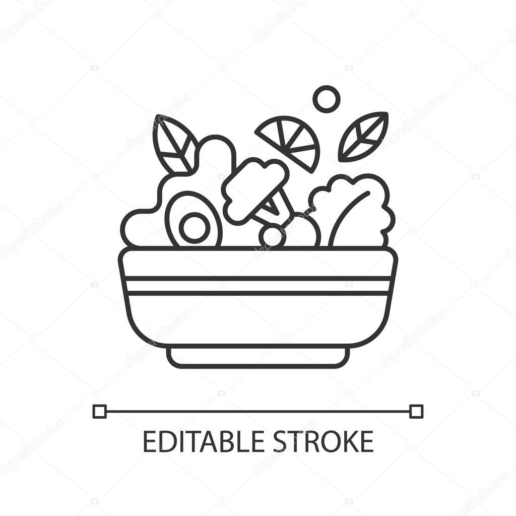 Salads linear icon. Lunch and dinner delivery. Leafy greens and salad dressing. Fresh vegetables. Thin line customizable illustration. Contour symbol. Vector isolated outline drawing. Editable stroke