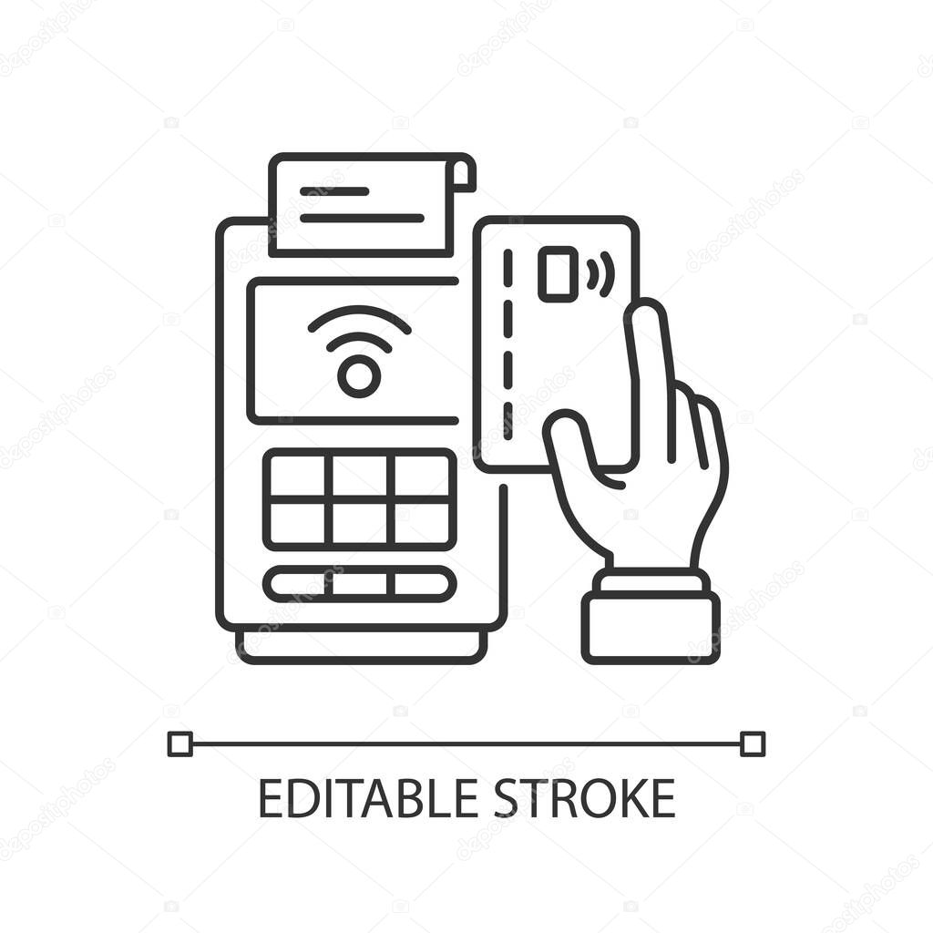 Cashless payment linear icon. Paying online. Cash from customers. Financial transactions. Thin line customizable illustration. Contour symbol. Vector isolated outline drawing. Editable stroke