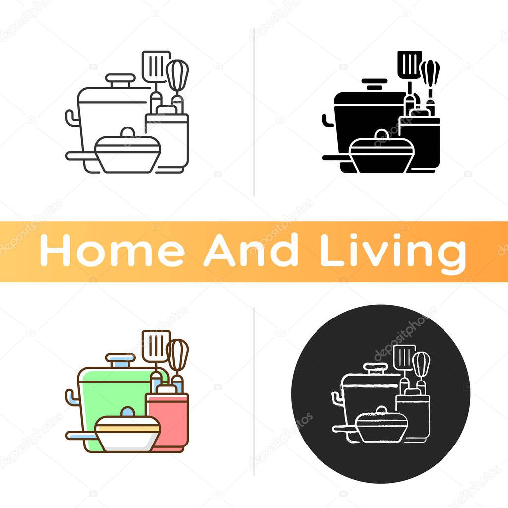 Kitchen tools icon. Cooking supplies. Food preparation containers. Cookware and bakeware. Pots and pans. Stainless steel. Linear black and RGB color styles. Isolated vector illustrations