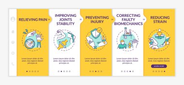 Yara iyileştirme vektör şablonunda. Fiziksel rehabilitasyon. Vücut sağlığı hizmetleri. Kas ağrısı giderici. Simgeli ilgili mobil web sitesi. Web sayfası basamak ekranları. RGB renk kavramı