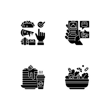 Bakkaliye teslimatı, hazırlık hazırlığı, hazır yemekler, beyaz alana dizilmiş siyah kabartma semboller. Mutfak seçiyorum. Yemek teslimatı uygulaması. Dengeli bir sabah yemeği. Siluet sembolleri. Vektör izole illüstrasyonu