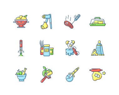Mutfak araçları RGB renk simgeleri ayarlandı. Yemek ve yemek servisi. Ev mutfağı. Yemek hazırlama. Ev gereçleri. Yemek tarifi malzemeleri. Mutfak için alet edevat. İzole vektör çizimleri