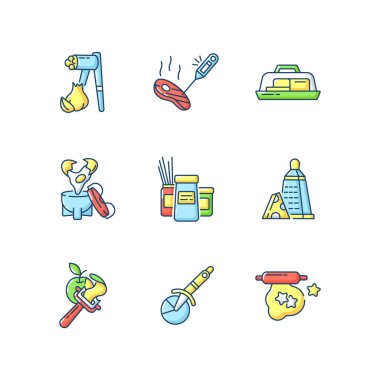 Gıda hazırlama aletleri RGB renk simgeleri ayarlandı. Sarımsak ezici. Tereyağı tabağı. Yumurta şımartıcısı. Mutfak aletleri. Yemek pişirmek için ev aletleri. Yemek tarifi. İzole vektör çizimleri