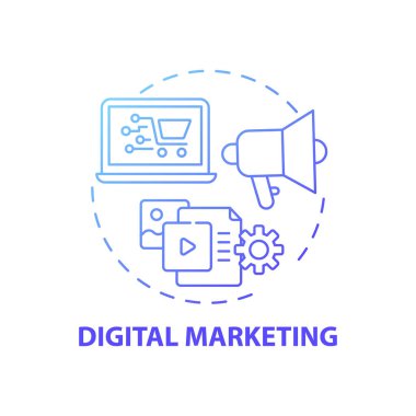 Dijital pazarlama konsepti ikonu. Dijital danışmanlık fikri ince çizgi çizimi. Marka farkındalığını arttırmak. Sosyal medya, arama motorları, web siteleri. Vektör izole edilmiş RGB renk çizimi