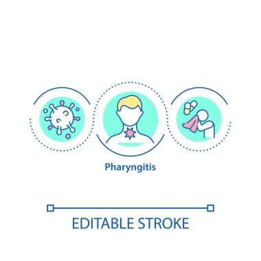 Farenjit konsepti ikonu. Hastalık kapıyor. Üşüttüğünde tıbbi bakım. Grip tedavisi. Boğaz ağrısı fikri ince çizgi çizimi. Vektör izole edilmiş RGB renk çizimi. Düzenlenebilir vuruş