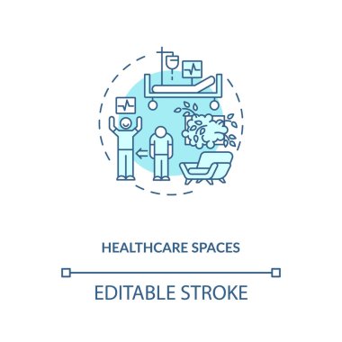 Sağlık hizmetleri mavi konsept simgesidir. Hastane ortamı. Hasta iyileştirme. Zihinsel sağIık. Biyofili fikri ince çizgi çizimi. Vektör izole edilmiş RGB renk çizimi. Düzenlenebilir vuruş