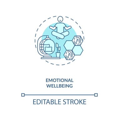Duygusal refah mavi konsept ikonu. Zihinsel sağIık. Akli dengesi yerinde. Huzurlu bir yaşam için. Biyofili fikri ince çizgi çizimi. Vektör izole edilmiş RGB renk çizimi. Düzenlenebilir vuruş